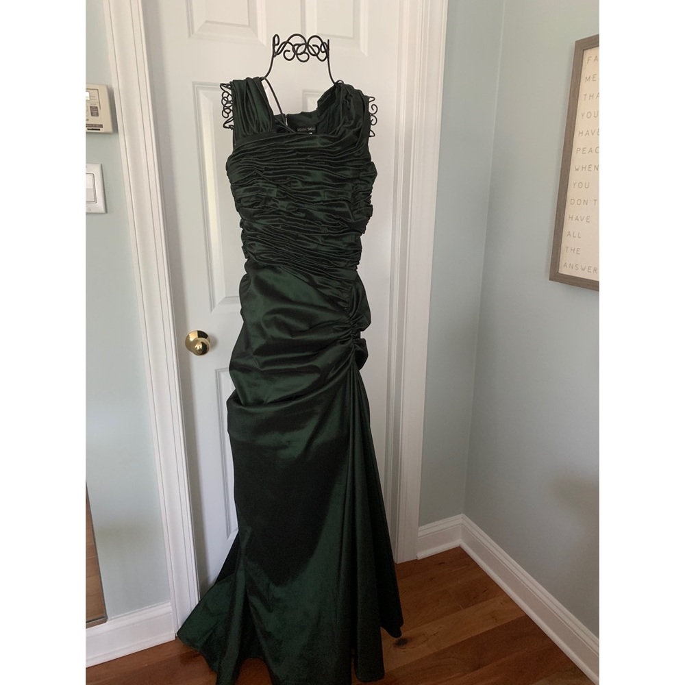 Tadashi Shoji olive green gown with ruched detail